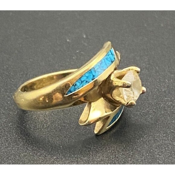 Vtg 'Ring 92 SW CZ Solitaire Yellow Gold Plated Wrap Crushed Turquoise Size 5.5 - Picture 3 of 14